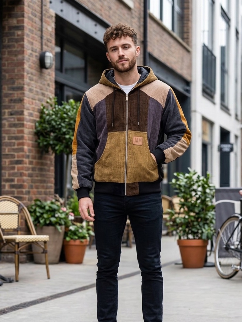 Carhartt Thriftjam Reworked Black Puffer Jacket with Brown Corduroy Trim large